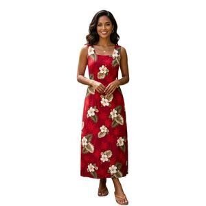 Pacific Legend Maxi Dress L Red Floral Hibiscus Boho Tropical Hawaiian Summer